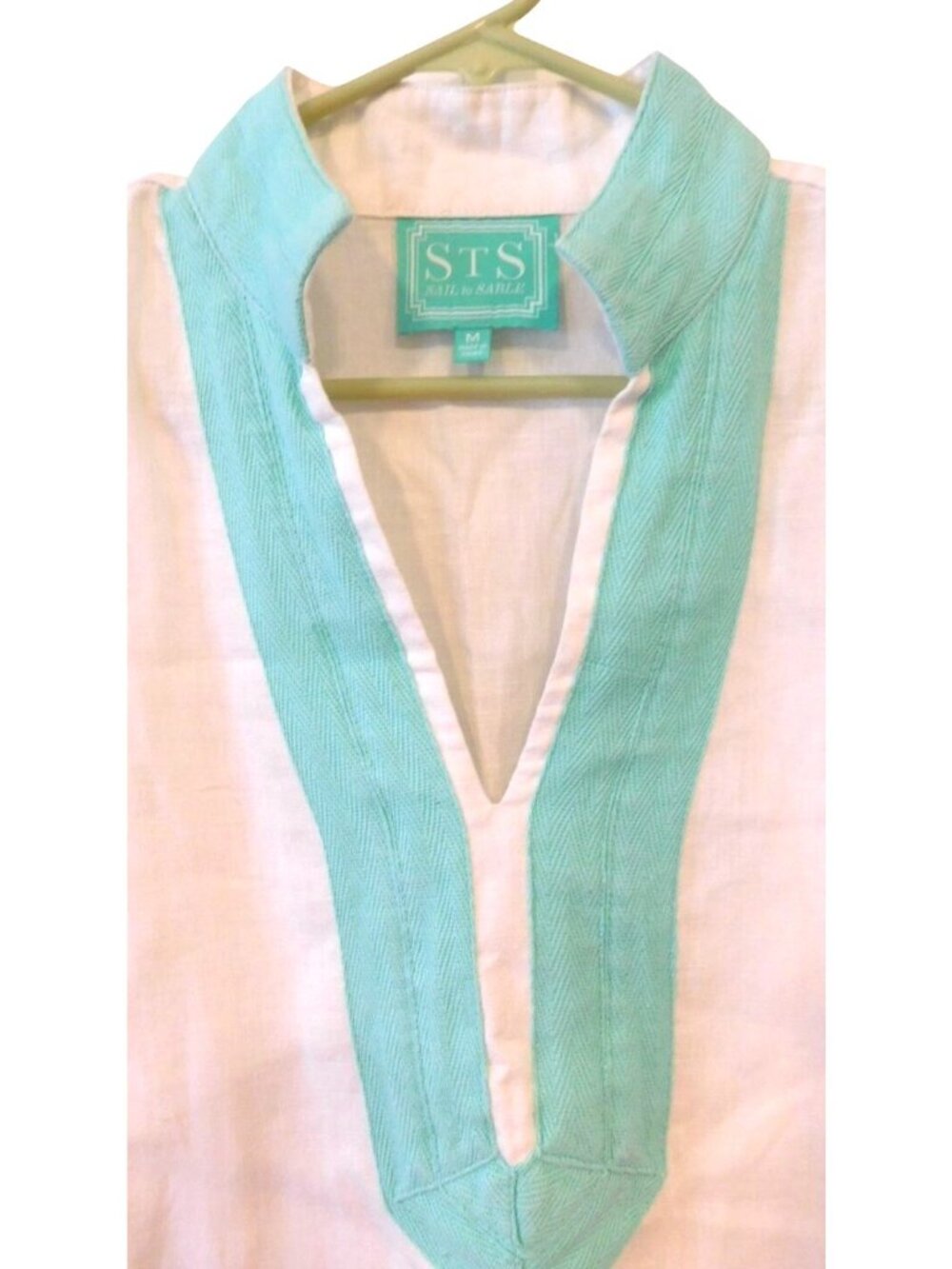 Sail to Sable Womens Sz M Linen Tunic Blouse White Teal Trim Coastal Preppy Reso - Picture 3 of 5